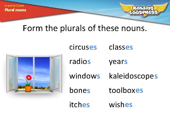 Grammar Toolkit Plural nouns Form the plurals of these nouns. circuses classes radio s