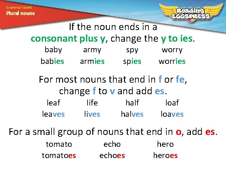 Grammar Toolkit Plural nouns If the noun ends in a consonant plus y, change