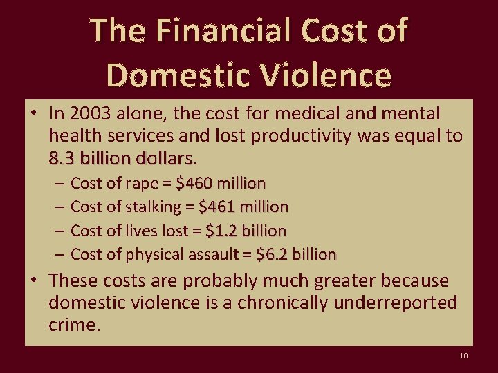 The Financial Cost of Domestic Violence • In 2003 alone, the cost for medical