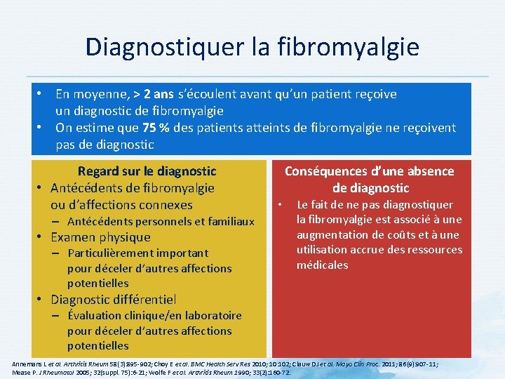 Diagnostiquer la fibromyalgie • En moyenne, > 2 ans s’écoulent avant qu’un patient reçoive