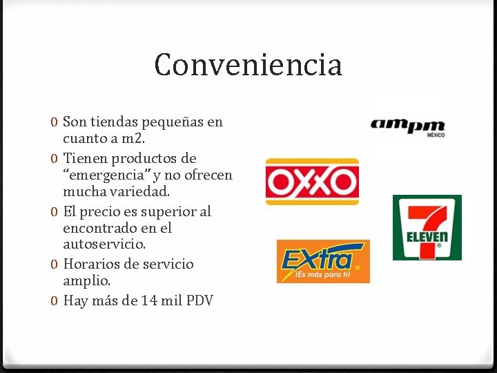 Conveniencia 0 Son tiendas pequeñas en cuanto a m 2. 0 Tienen productos de