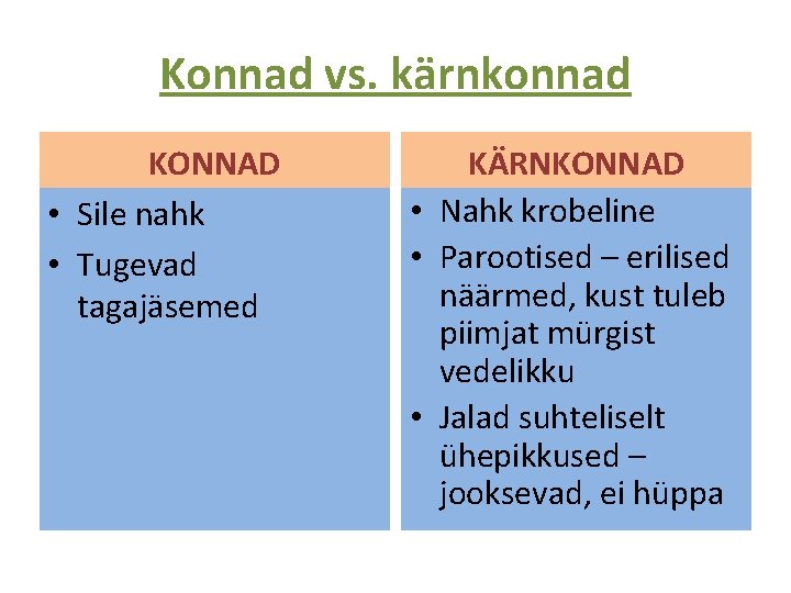 Konnad vs. kärnkonnad KONNAD • Sile nahk • Tugevad tagajäsemed KÄRNKONNAD • Nahk krobeline