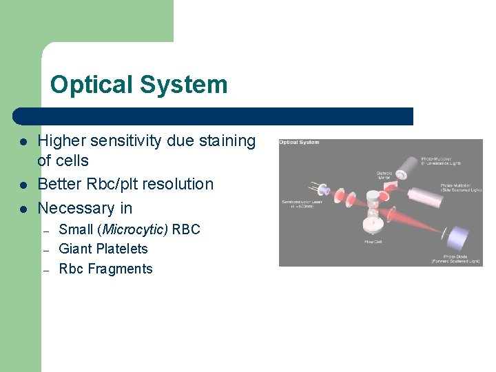 Optical System l l l Higher sensitivity due staining of cells Better Rbc/plt resolution