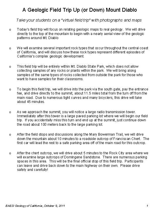 A Geologic Field Trip Up (or Down) Mount Diablo Take your students on a