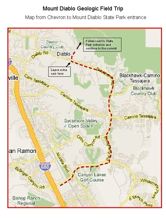 Mount Diablo Geologic Field Trip Map from Chevron to Mount Diablo State Park entrance