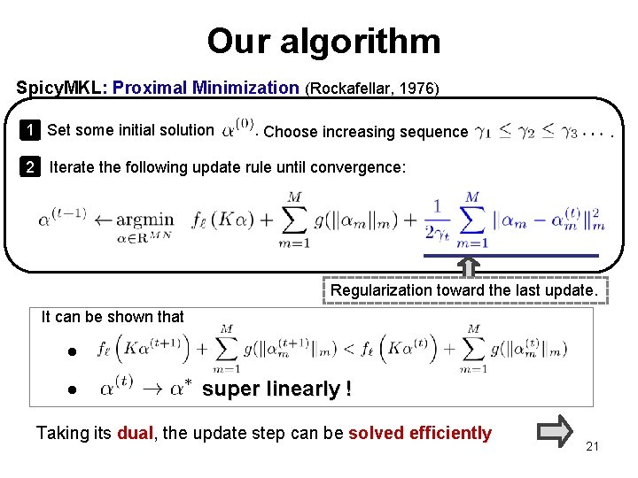 Our algorithm Spicy. MKL: Proximal Minimization (Rockafellar, 1976) 1 Set some initial solution .