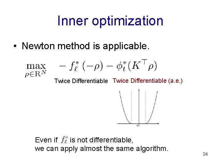 Inner optimization • Newton method is applicable. Twice Differentiable (a. e. ) Even if