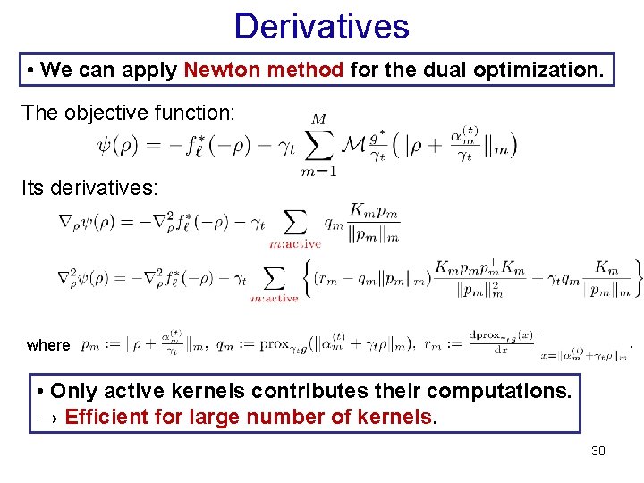 Derivatives • We can apply Newton method for the dual optimization. The objective function: