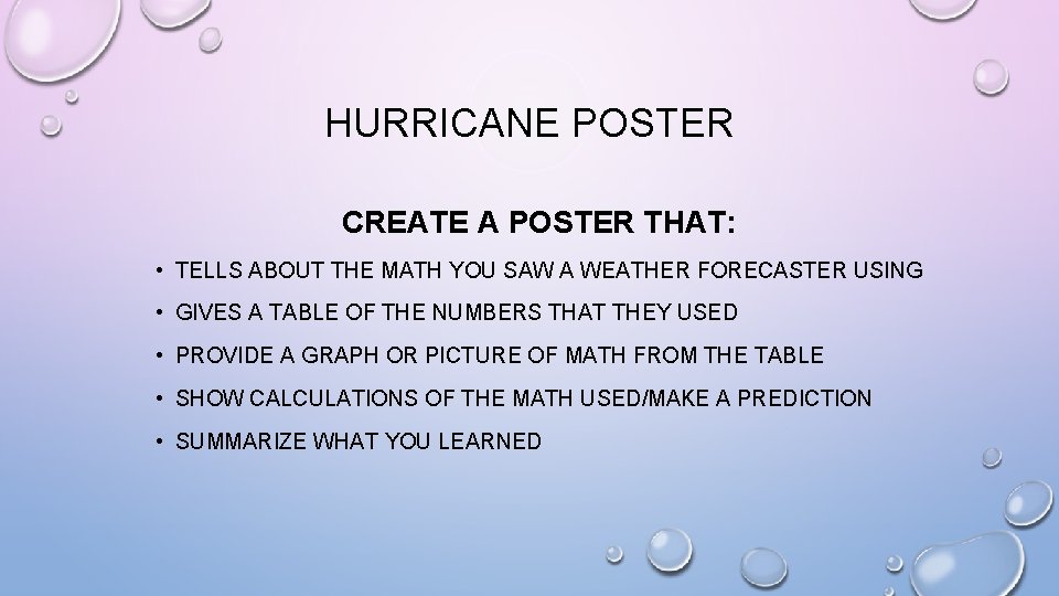 HURRICANE POSTER CREATE A POSTER THAT: • TELLS ABOUT THE MATH YOU SAW A HURRICANE POSTER CREATE A POSTER THAT: • TELLS ABOUT THE MATH YOU SAW A
