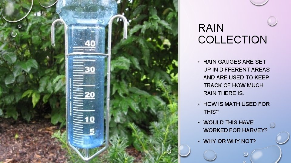 RAIN COLLECTION • RAIN GAUGES ARE SET UP IN DIFFERENT AREAS AND ARE USED RAIN COLLECTION • RAIN GAUGES ARE SET UP IN DIFFERENT AREAS AND ARE USED