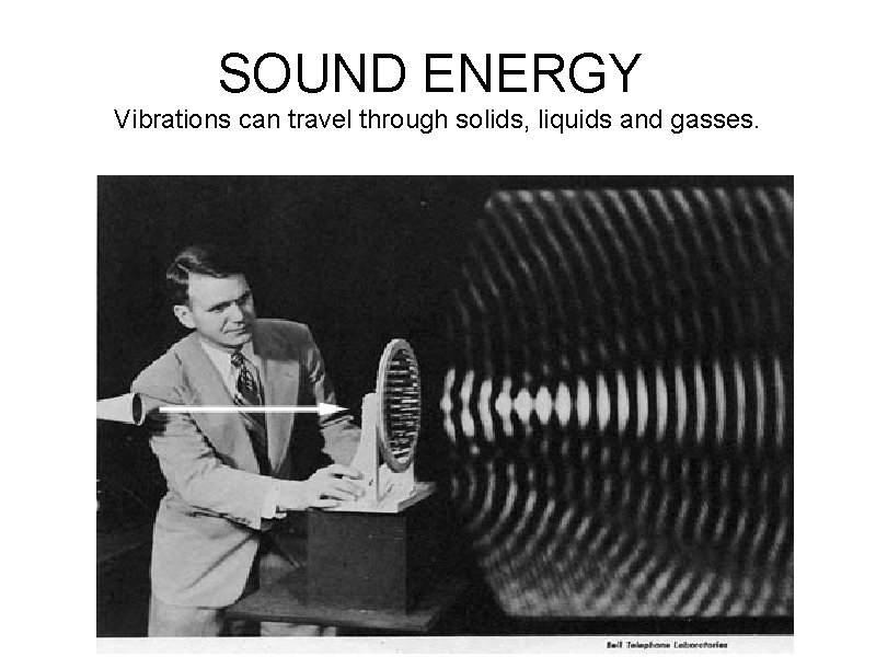 SOUND ENERGY Vibrations can travel through solids, liquids and gasses. 