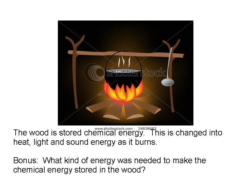 The wood is stored chemical energy. This is changed into heat, light and sound
