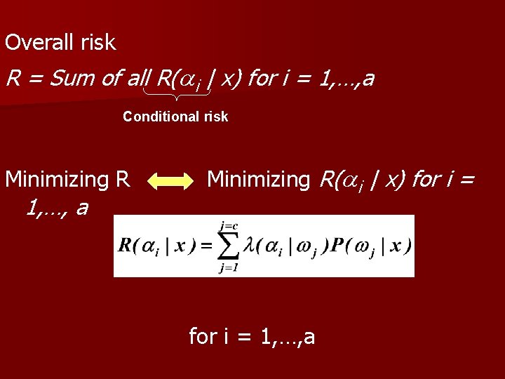 Overall risk R = Sum of all R( i | x) for i =