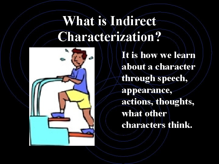What is Indirect Characterization? It is how we learn about a character through speech,