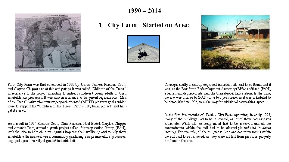 1990 – 2014 1 - City Farm - Started on Area: Perth City Farm