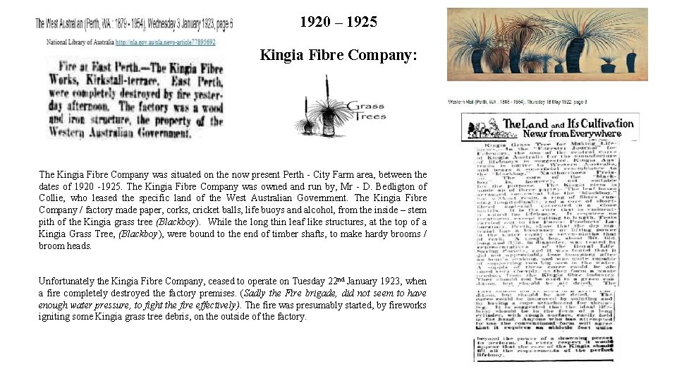1920 – 1925 Kingia Fibre Company: The Kingia Fibre Company was situated on the