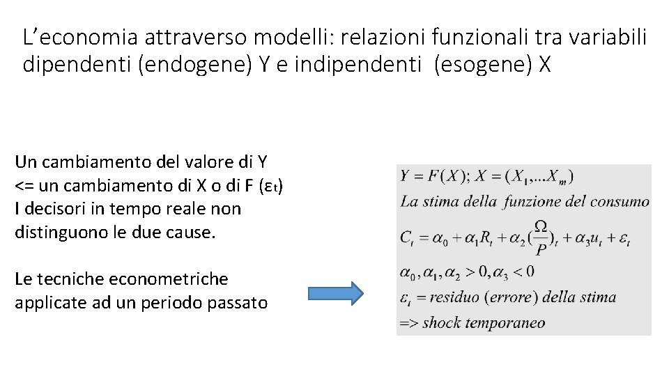 L’economia attraverso modelli: relazioni funzionali tra variabili dipendenti (endogene) Y e indipendenti (esogene) X