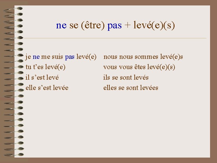 ne se (être) pas + levé(e)(s) je ne me suis pas levé(e) tu t’es