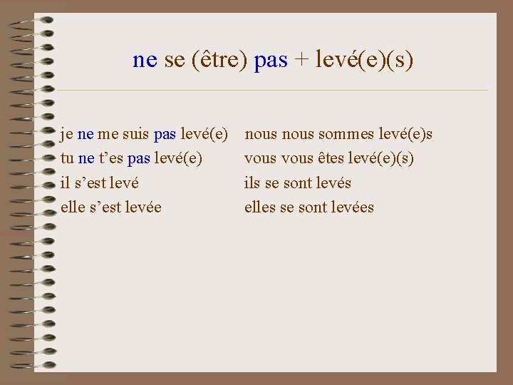 ne se (être) pas + levé(e)(s) je ne me suis pas levé(e) tu ne