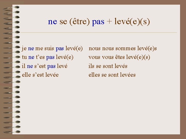 ne se (être) pas + levé(e)(s) je ne me suis pas levé(e) tu ne
