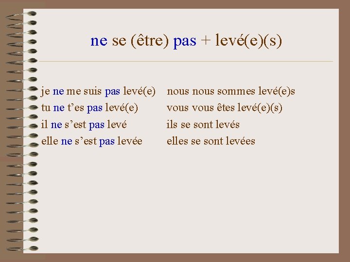 ne se (être) pas + levé(e)(s) je ne me suis pas levé(e) tu ne