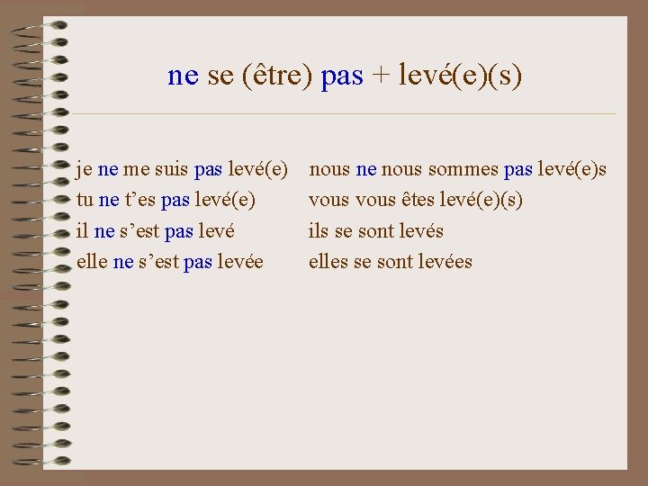 ne se (être) pas + levé(e)(s) je ne me suis pas levé(e) tu ne