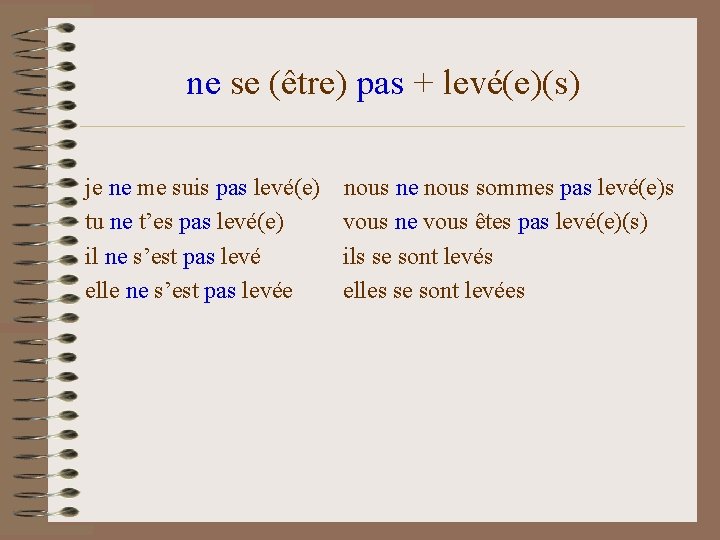 ne se (être) pas + levé(e)(s) je ne me suis pas levé(e) tu ne