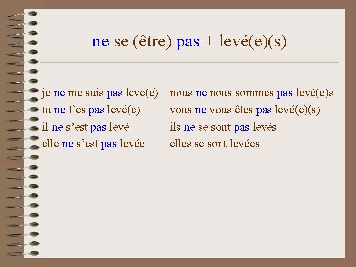 ne se (être) pas + levé(e)(s) je ne me suis pas levé(e) tu ne