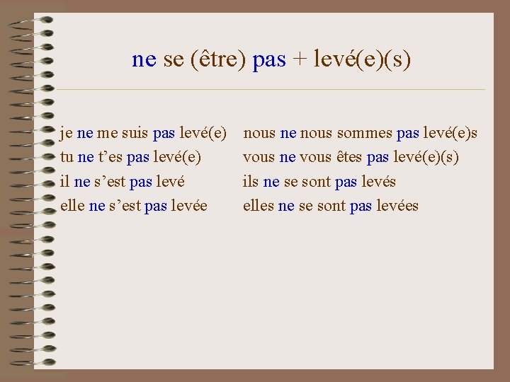ne se (être) pas + levé(e)(s) je ne me suis pas levé(e) tu ne