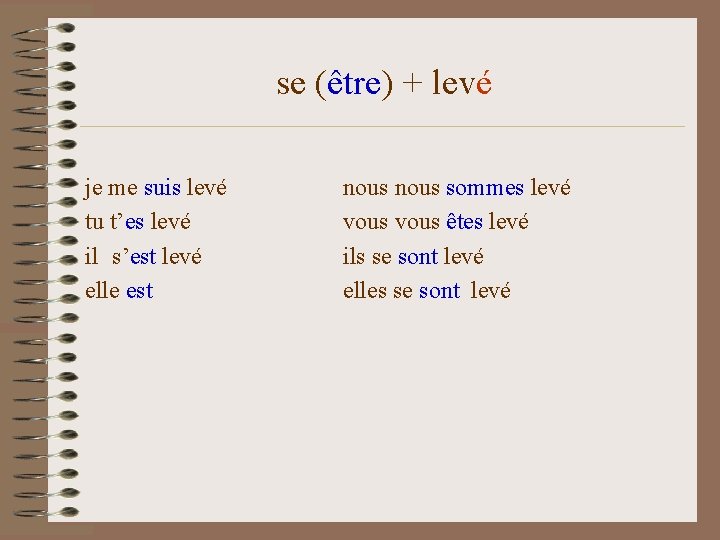 se (être) + levé je me suis levé tu t’es levé il s’est levé