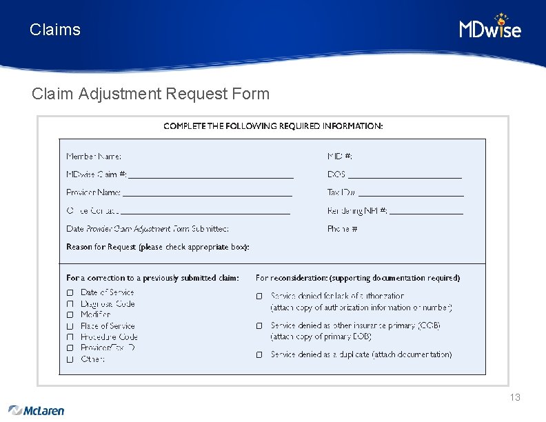 Claims Claim Adjustment Request Form 13 