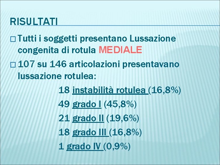 RISULTATI � Tutti i soggetti presentano Lussazione congenita di rotula MEDIALE � 107 su