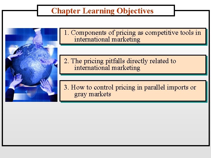 Chapter Learning Objectives 1. Components of pricing as competitive tools in international marketing 2.