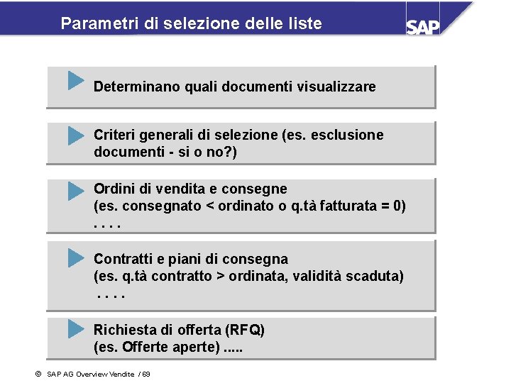 Parametri di selezione delle liste Determinano quali documenti visualizzare Criteri generali di selezione (es.