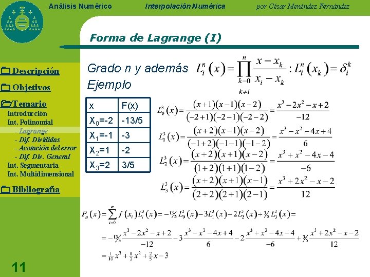 Interpolación Numérica Análisis Numérico Forma de Lagrange (I) Descripción Objetivos Temario Introducción Int. Polinomial