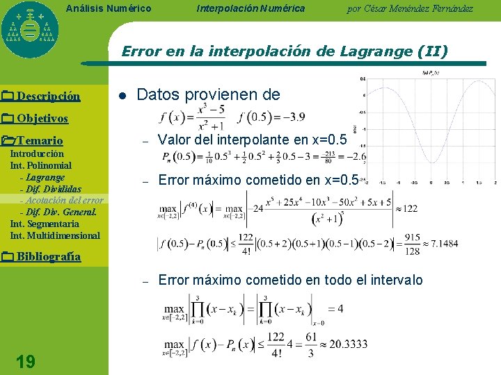 Análisis Numérico Interpolación Numérica por César Menéndez Fernández Error en la interpolación de Lagrange