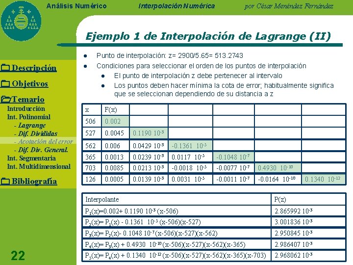Análisis Numérico Interpolación Numérica por César Menéndez Fernández Ejemplo 1 de Interpolación de Lagrange