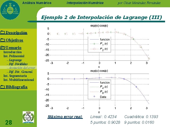 Análisis Numérico Interpolación Numérica por César Menéndez Fernández Ejemplo 2 de Interpolación de Lagrange