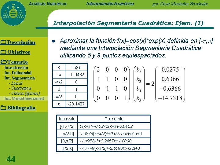 Interpolación Numérica Análisis Numérico por César Menéndez Fernández Interpolación Segmentaria Cuadrática: Ejem. (I) Descripción