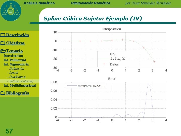 Análisis Numérico Interpolación Numérica por César Menéndez Fernández Spline Cúbico Sujeto: Ejemplo (IV) Descripción