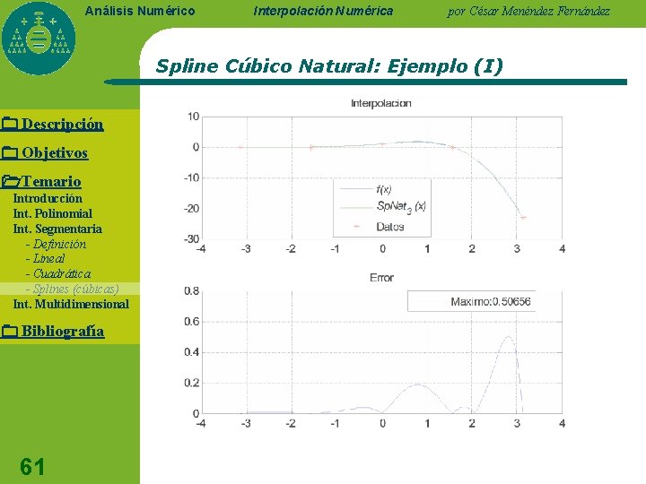 Análisis Numérico Interpolación Numérica por César Menéndez Fernández Spline Cúbico Natural: Ejemplo (I) Descripción