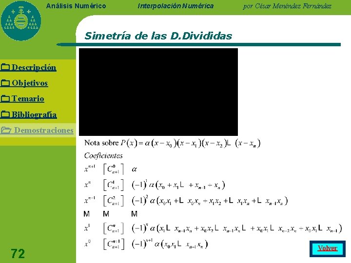 Análisis Numérico Interpolación Numérica por César Menéndez Fernández Simetría de las D. Divididas Descripción