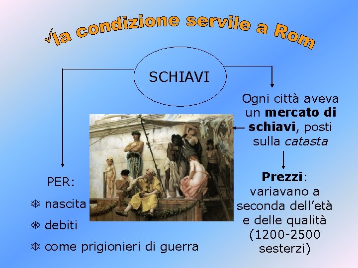 SCHIAVI Ogni città aveva un mercato di schiavi, posti sulla catasta PER: T nascita