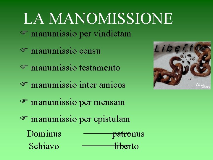 LA MANOMISSIONE F manumissio per vindictam F manumissio censu F manumissio testamento F manumissio