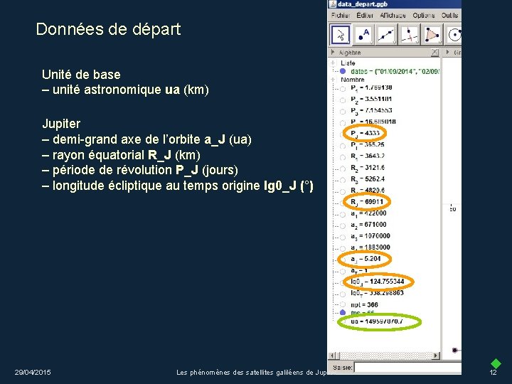 Données de départ Unité de base – unité astronomique ua (km) Jupiter – demi-grand