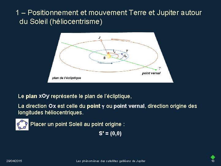 1 – Positionnement et mouvement Terre et Jupiter autour du Soleil (héliocentrisme) Le plan