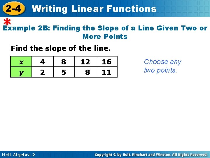 2 -4 Writing Linear Functions * Example 2 B: Finding the Slope of a 2 -4 Writing Linear Functions * Example 2 B: Finding the Slope of a