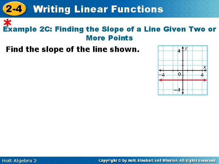 2 -4 Writing Linear Functions * Example 2 C: Finding the Slope of a 2 -4 Writing Linear Functions * Example 2 C: Finding the Slope of a