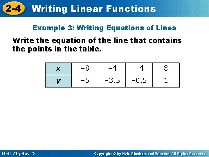 2 -4 Writing Linear Functions Example 3: Writing Equations of Lines Write the equation 2 -4 Writing Linear Functions Example 3: Writing Equations of Lines Write the equation