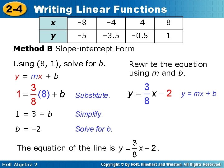2 -4 Writing Linear Functions x – 8 – 4 y – 5 – 2 -4 Writing Linear Functions x – 8 – 4 y – 5 –
